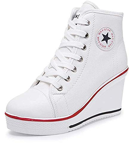 Zomiee Baskets Mode Compensées Montante Sneakers Plateforme Chaussure de Tennis Casuel Haute Talon Tennis Chaussures de Sport Chaussures en Toile Femme (39 EU, Blanc)