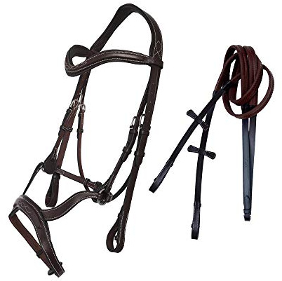 ExionPro Exion English Jumping Bridle for Horses with Combined Flash Noseband | Anatomical Monocrown Padded Headpiece & Rubber Reins | Black/Brown Show Bridle for Eventing & Training