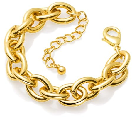 LANE WOODS Gold Bracelets for Women 14k Gold Plated Chunky Thick Large Link Chain Bracelet