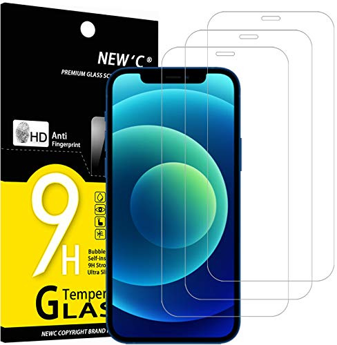 NEW'C 3 Pack, skärmskydd i glas för iPhone 12, iPhone 12 Pro (6,1 Tum), bubbelfri, 9H hårdhet, 0,33 mm ultratransparent, ultrabeständigt härdat glas