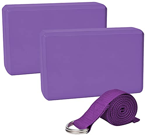 Chstarina Yoga Block 2Er Set mit 1.8 M Baumwoll Gurt, Eva Schaumstoff Hartschaum Set, Klotz und Gurt, Fitness Zubehör Hilfmittel für Pilates (Lila)