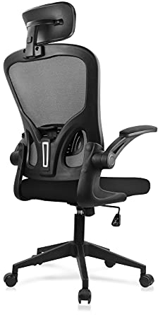 JAJALUYA Office Chair Mesh Computer Chair with Adjustable Headrest and Lumbar Support Desk Chair Ergonomic Office Chair with Flip-up Armrest for Home Office Study (Black)