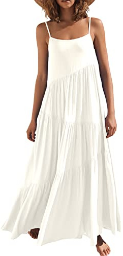 ANRABESS Women Summer Casual Loose Sleeveless Sundress Spaghetti Strap Flowy Boho Linen Beach Vacation Maxi Long Dress White Medium