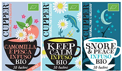Cupper Confezione Bundle di Tisane Biologiche, Camomilla e Pesca, Snore&Peace e Keep Calm, Cofanetto Mix di Camomille, Assortimento di Tisane con Filtri 100% Biodegradabili, Confezione da 60 bustine