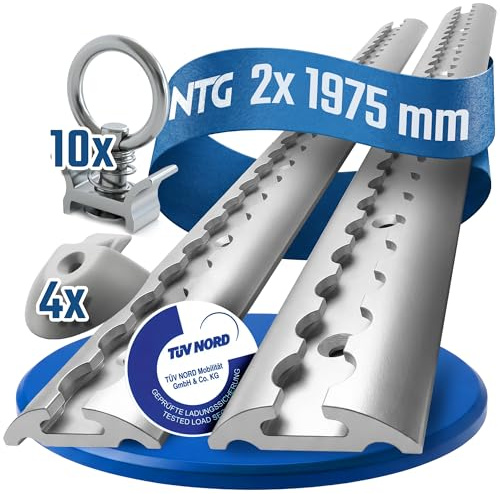 NTG 2 binari per airline, 2 m/1975 mm, semicircolari, in alluminio, con raccordi certificati TÜV, accessori per rimorchio, fissaggio del carico, guida in alluminio, camion, furgoni – con fori argento
