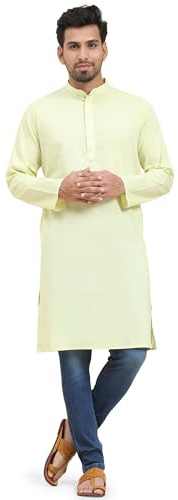 SKAVIJ Men's Kurta Henley Shirt for Yoga Casual Wear Pure Cotton Traditional Ethnic Attire Regular Outfit (X-Large, Lemon)