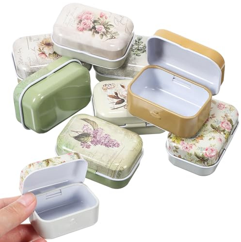WRITWAA 8Pcs Vintage Tin Boxes with Lids:Small Metal Jewelry Organizer for Trinkets, Keepsakes and Storage, Assorted Flower Design
