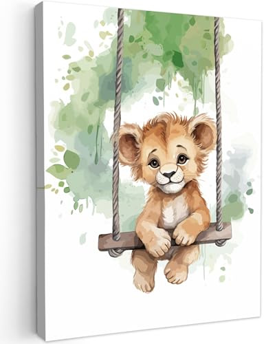 MuchoWow© Impressions sur Toile 30x40 cm Muraux Décoration Toiles Maison Tableau Murale File Garcon Lion - Animal - Enfants - Jungle - Chambre enfant - Bébé - Aquarelle