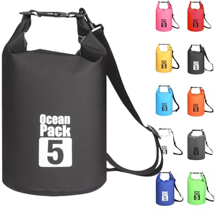 MORAINJAY 5L Wasserdichter Beutel, Schwarz Dry Bag 2L/5L/10L/15L/20L/25L/30L mit Verstellbarem Gurt, Schützt Telefon/Karte, Roll Top Wasserdichter Beutel Rucksack für Schwimmen/Rafting/Bootfahren