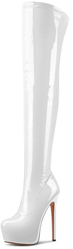 Aachcol Sobre la Rodilla Aguja Botas Plataforma Botas Altas Redonda Punta Cremallera Sexy Dress Alto High Heel Botas 15 CM Heels Blanco 43 EU