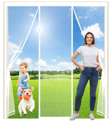 Mosquitera Imanes Magnetica con Iman 215x210cm Cortina Anti-mosquitos con Pegamento Mágico, Puerta Anti-insectos de Cierre Silencioso Blanco