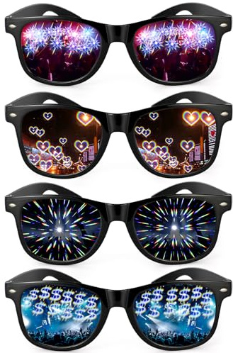4STK Diffraction Glasses, mit 3D Prisma Herz Stern Dollar Effekt , Lustige Brillen Party Brille Herz Brille Effekt, Rave Brille Herren Damen für Nacht EDM Feuerwerk Show Karneval Silvester Party Club