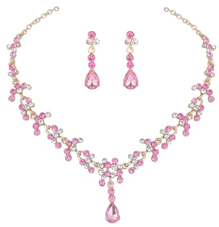 Faruodis Wedding Necklace Earrings Sets for Women Crystal Bridal Flower Pendant Necklace Chain Vintage Rhinestone Necklace Teardrop Ball Dangle Jewelry for Bride Bridesmaid (Pink)