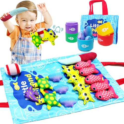 Cokomono Juguetes Niños 1 Año, Juego Pesca con 15 Peces Tela y 5 Cubos Apilables, Bolsa, Juguetes Montessori para Niños 1 Años, Regalo Bebés 6-12 Meses, Juguetes Educativos para Bebés 1 2 3 Año