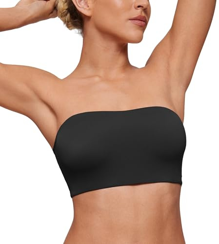 CRZ YOGA Softhold Double Lined Strapless Bralette - Stretchy Smooth Womens Tube Tops Bandeau Wireless T-Shirt Everyday Bra Black Medium