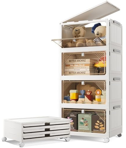 Scatole portaoggetti impilabili con coperchio, 20 l x 4 ripiani, in plastica, con sportello ribaltabile, con ruote, cassetti pieghevoli in plastica, contenitori pieghevoli per casa, armadio, ufficio