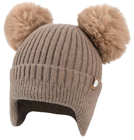 TAGVO Gorro de Invierno Infantil con Orejeras, Mezcla de Lana, Doble Pompon, Punto Suave para Niños y Niñas 2–8 Años