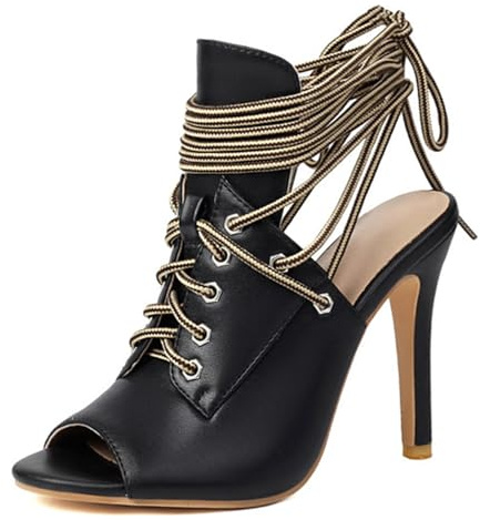 ZaKoonaC Tacchi alti da donna con cinturino a croce e peeptoe | sandali a spillo in denim per serate ed eventi, Nero , 35 EU