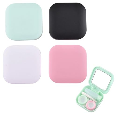 ZPSCXQ 4 Pack Contact Lens Cases, 6.2x6.2cm Plastic Lens Storage Box with Leak-Proof Design, Multi-Color Travel Case Set in Black Light Pink Lake Blue White for Daily Use and Outdoor Activities