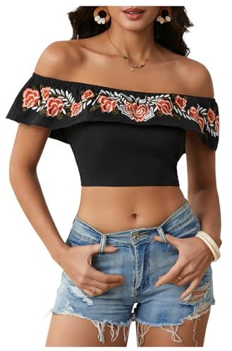 MakeMeChic Women's Floral Embroidered Off Shoulder Ruffle Trim Crop Top Blouse Shirt (US, Alpha, Medium, Regular, Regular, Black)