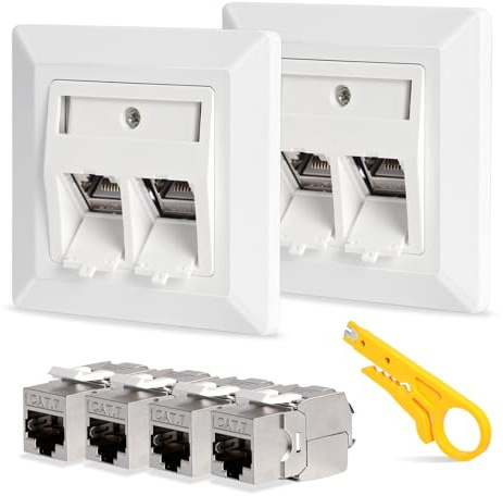 2 Caja de conexión LSA Cat-7, 2 puertos RJ45 Toma LAN Blindada, Toma de Datos de Montaje Superficial o Empotrado,10 Gigabit Ethernet Toma de Red Ap,PoE, CAT7 CAT6 CAT5, Blanco