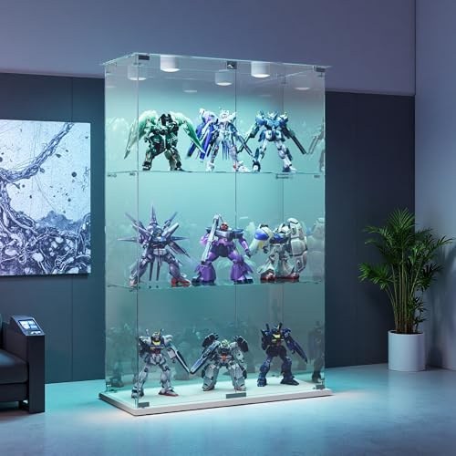 Julyue Vitrina de cristal de pie con LED, vitrina de cristal con 3 capas y 2 puertas de vidrio templado, vitrina para salón, oficina, dormitorio (blanco+LED-A, 78,5 x 35 x 123,3 cm)