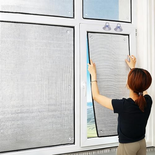 Lámina de Aluminio Doble Cara Reflectante Calor, Vinilo para Ventanas Aislante Lámina Termico, Película Reutilizable con Ventosas, Panel de Protector Solar Desmontable Antiespías(50x90cm)
