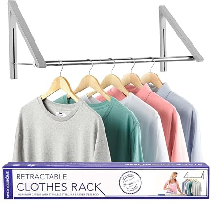 Double Foldable Clothing Rack w/ Extension Rod, Wall-Mounted Retractable Clothes Hanger for Laundry Dryer Room, Hanging Drying Rod, Small Collapsible Folding Garment Racks, Dorm Accessories (Chrome)