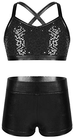 FEESHOW Maillot de Bain 2 Pieces Enfant Fille Costume Gymnastique Brillant Paillette Ensemble Danse Tenue Ballet Gym Haut Gilet à Bretelle & Short de Danse Sport Outfit Noir 8-10 ans