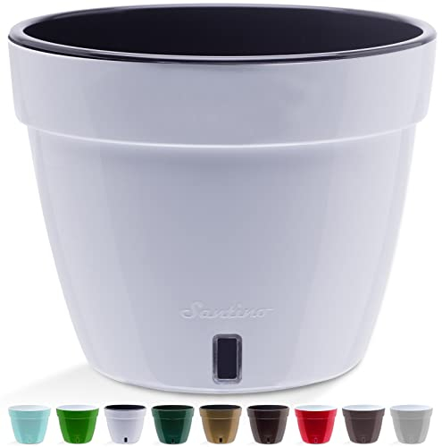 Santino ASTI 27CM Selbstwässernder Blumentopf mit Wasserstandsanzeiger - Rund Premium Qualität Innen Blumentopf für Anlagen, Blumen, Kräuter (Ø 27 cm, H 21 cm, 9L - White/Black)