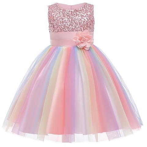 Filles Princesse Robe Paillettes Tulle Fleur Arc-En-Ciel Col Rond Sans Manches Robe Formelle Fête D'anniversaire Mariage Demoiselle D'honneur Fille Robes De Soirée Enfant Bébé Âge pour 3-9 Ans