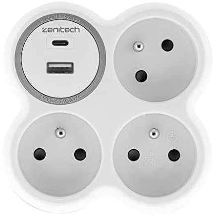 Zenitech - Prise 3x16A + 2 Ports USB A/C - Blanc et Gris - Bolea