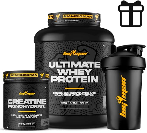 Pack BigMan Ultimate Whey Proteína 2kg + Creatina 300Gr + Shaker PRO | Fuerza, Resistencia | Masa Muscular | Tonificación Muscular | Recuperación Deportiva (2 KILOS, Fresa Platano)