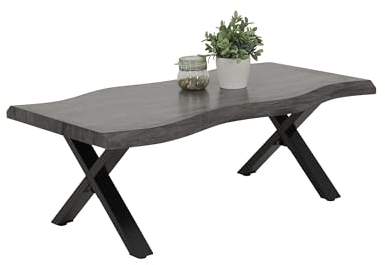 Hela Tische, Baumkantentisch, Couchtisch Gerd, X-Gestell Metall Schwarz, Wabenplatte melaminbeschichtet, Dekor Akazie Grau, 110x60cm