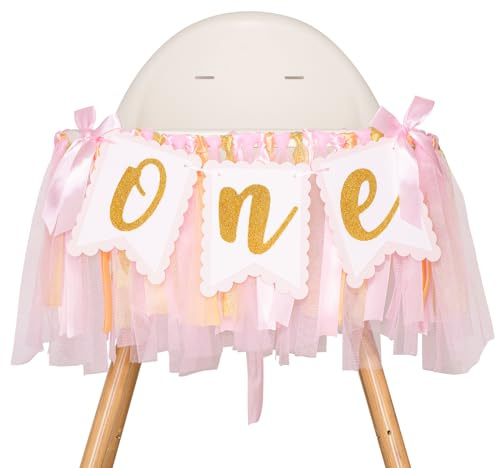 G2PLUS Pink ONE Highchair Banner: 1st Birthday High Chair Banner, for Baby 1st Birthday Party, Photo Props, Ribbon and Card