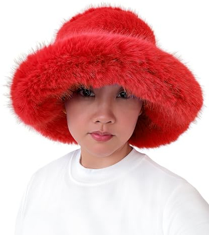 Lina & Lily Oversized Winter Faux Fur Bucket Hat for Women - Long Pile Fur Wide Moldable Brim