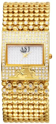 JewelryWe Damklocka guld rektangulär klocka: Glitter strass analog kvarts armbandsur damer brett metallarmband pärlarmband ledig klocka guldklocka med fyrkantig diamant urtavla, Guld