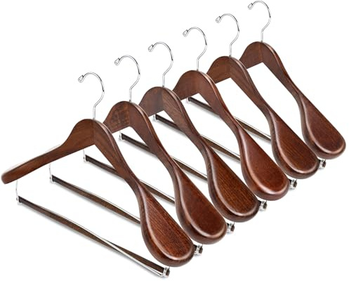 Amber Home Paquete de 6 perchas de madera retro con gancho dorado, perchas vintage de hombro ancho con barra de bloqueo de pantalones dorados, perchas de madera para chaquetas, suéteres, pantalones