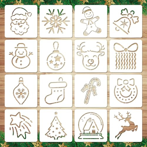 16 Uds Plantillas Navideñas para Manualidades, Plantillas Navideñas Reutilizables para Pintar Muñeco de Nieve Papá Noel Plantilla de Feliz Navidad para Pintar Hacer Manualidades (Estilo 2)