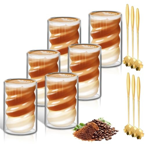 LISDATKE Doppelwandig Latte Macchiato Gläser 400ml 6er Set Kaffeegläser Thermogläser mit 6 Löffeln Cappuccino Gläser Doppelwandig aus Borosilikatglas