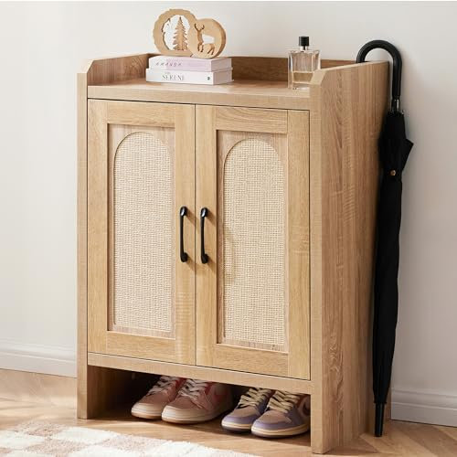 Mericonia 5-Layer Rattan Shoe Cabinets, Double Wooden Doors, Entrance Door Storage Shoe Cabinet with Free-Standing Adjustable Shelves, Suitable for Entry, Hallway, Corridor, Brown