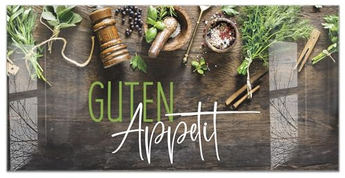 timalo Küchenbild aus Acrylglas modernes Wandbild Glasbild Deko Küche XXL Acryl-Bild wie Glas | 100x50cm Kräuter& Gewürze auf rustikalem Holztisch, Guten Appetit