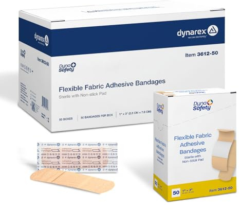 Dynarex Sterile Adhesive Fabric Bandages – 1 x 3 Flexible Wound Dressing for Minor Cuts, Breathable Material, Secure Fit with Non-Stick Pad, Case of 50 Boxes, 50 per Box