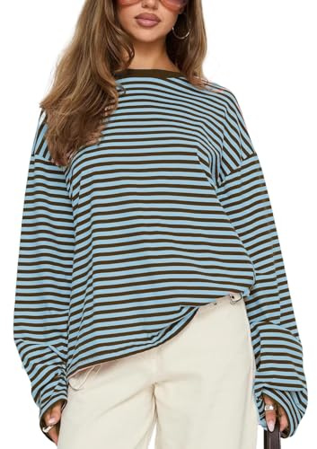 FeMereina Striped Long Sleeve Shirt Women Y2k Oversized Crewneck Vintage Tops Fall Winter Drop Shoulder Cute Preppy Pullover