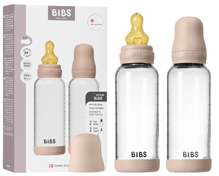 BIBS Baby Glass Bottle. Lot de 2. Anti-colique. Embout rond en latex de caoutchouc naturel. Favorise l’allaitement naturel, Complete Set - 240 ml (Pack of 2), Blush
