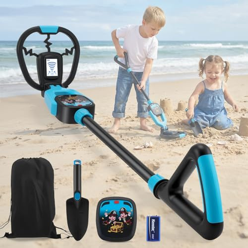 Metal Detector Bambini, Metal Detector per Bambino con Asta Regolabile 72–83 cm, Display LCD, Bobina di Ricerca Impermeabile, Ad Alta Sensibilità Metal Detector per Bambini con Borsa Pala