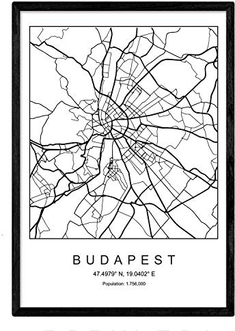 Nacnic Lámina Mapa de la Ciudad Budapest Estilo nordico en Blanco y Negro. Poster tamaño A3 Sin Marco Impreso Papel 250 gr. Cuadros, láminas y Posters para Salon y Dormitorio
