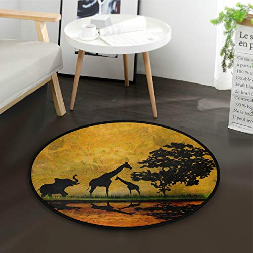Mnsruu Afrika Silhouette von Elefant, Giraffe, Baum, runder Teppich, für Wohnzimmer, Schlafzimmer, 92 cm Durchmesser