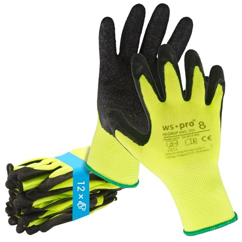 Trevendo 12 paires de gants de travail - gants de montage jaune fluo avec revêtement latex (Taille 8)