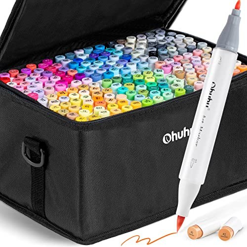 Ohuhu Marqueurs à alcool 216 couleurs, Marqueurs à croquis à double pointe (pinceau et pointe fine) pour les Marqueurs artistiques pour le coloriage et les illustrations, 1 Mélangeur en prime